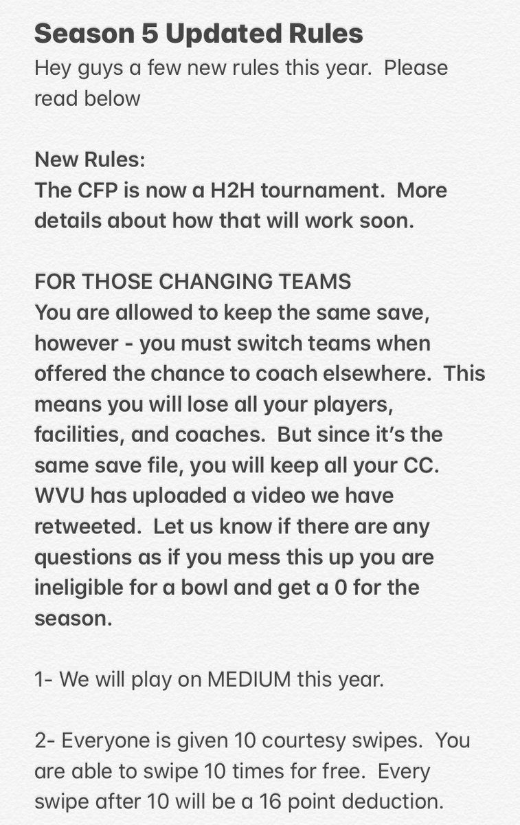 RBCDL_Commish's tweet photo. Here our the Season 5 Rules

Pretty much the same rules as last year.

New rules are

-CFP H2H
-80 games info
-Way to get fired/be bowl ineligible

Thanks for your commitment to the league! First deadline is Fri (6/12)at 9 pm est.

Full schedule in last pic

-Vols https://t.co/rtR66AbY4D