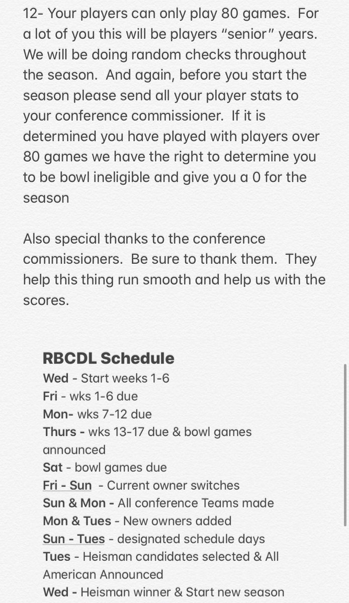 RBCDL_Commish's tweet photo. Here our the Season 5 Rules

Pretty much the same rules as last year.

New rules are

-CFP H2H
-80 games info
-Way to get fired/be bowl ineligible

Thanks for your commitment to the league! First deadline is Fri (6/12)at 9 pm est.

Full schedule in last pic

-Vols https://t.co/rtR66AbY4D