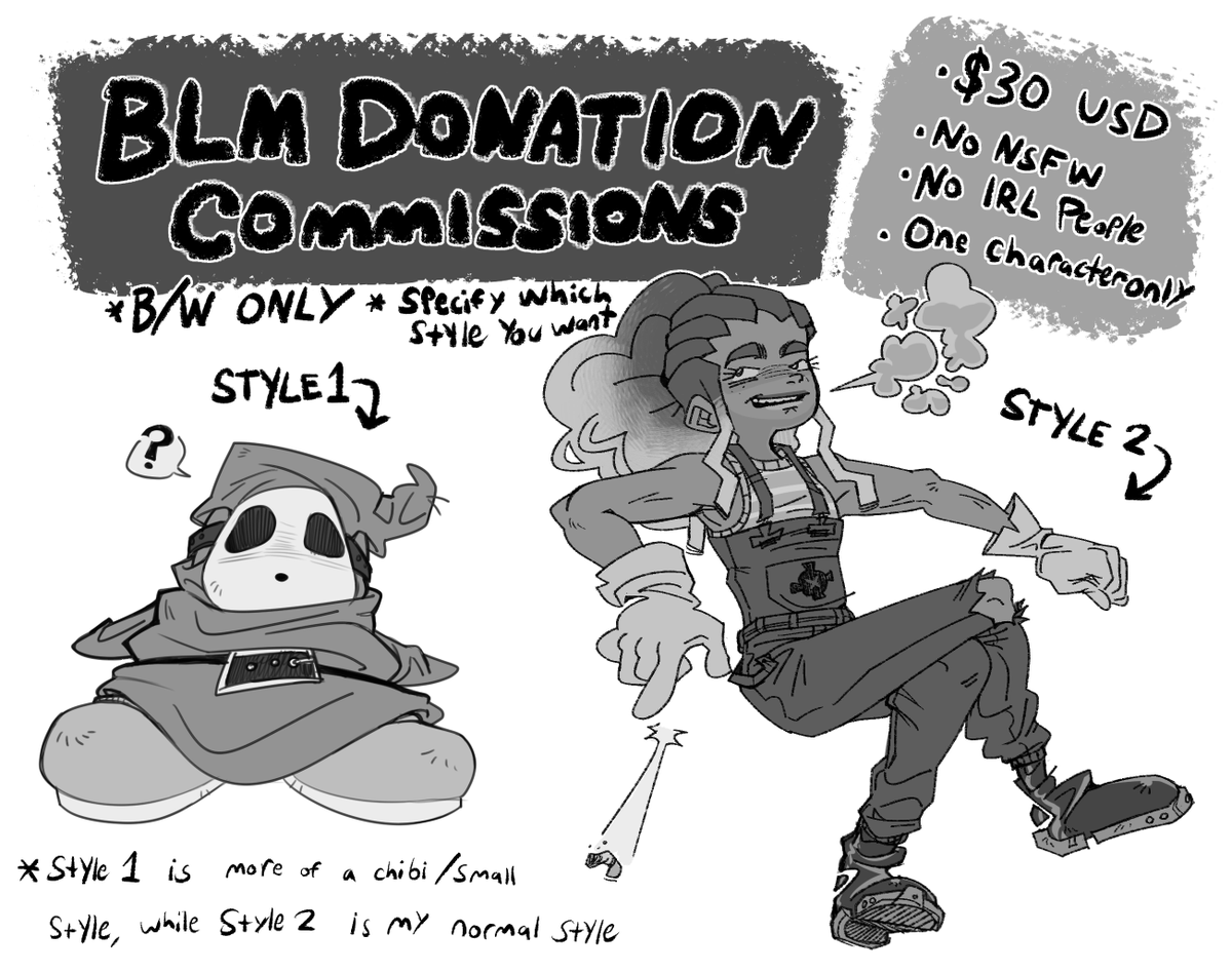 Opening donation commissions for #BlackLivesMattter !
I'm only taking 6 commissions atm, but I may reopen if i have the time to do more.
I'll explain the rules more in the thread below ⬇️ 