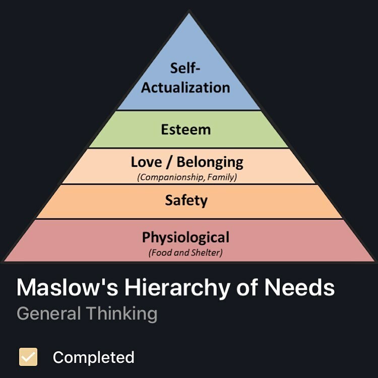 mymentalmodels's tweet image. Maslow’s hierachy of needs breakdown the order and importance of needs that humans typically satisty. There are some things that you need to take care of before you can take care of others. ——
#mentalmodels #maslowshierarchyofneeds #maslow #worldlywisdom