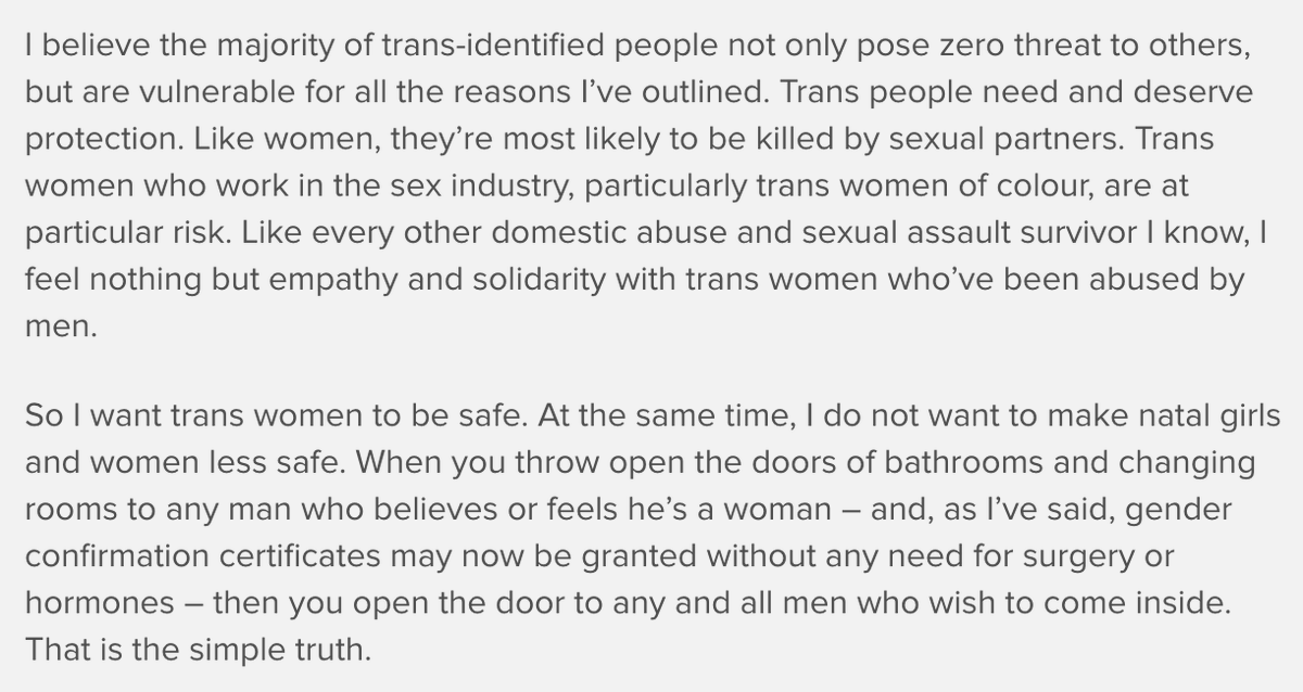 21a. Rowling centres trans people for the first time in this section, but then undermines it by almost implying they're a necessary sacrifice for the safety of cis women.