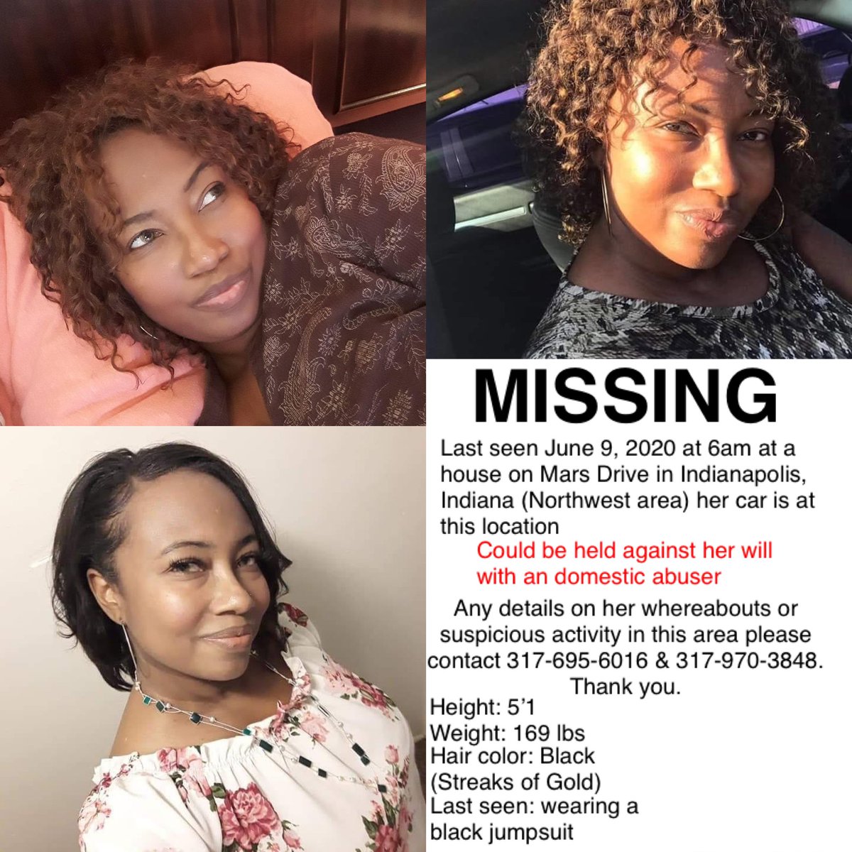 disbeatis's tweet image. Y’all I don’t know what to do but if anyone has seen my mom, please contact me 317-695-6016. I’ve been told she was last seen with an abusive person who could be possibly holding her against her will. We have no way of contacting her rn but her phone says it’s at the location.