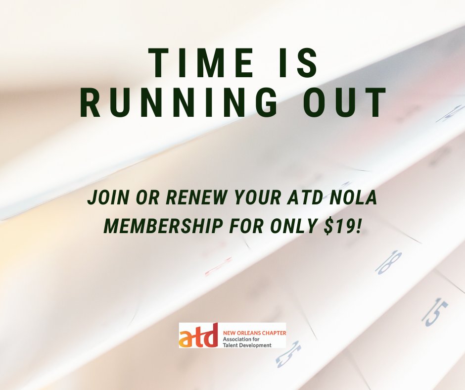 ATDNOLA's tweet photo. This membership special ends next week! Join ATD Nola for only $19 instead of the normal $55 membership fee. Visit https://t.co/uU1Hr4a1Oa to learn more. https://t.co/iEB83wL2Ls