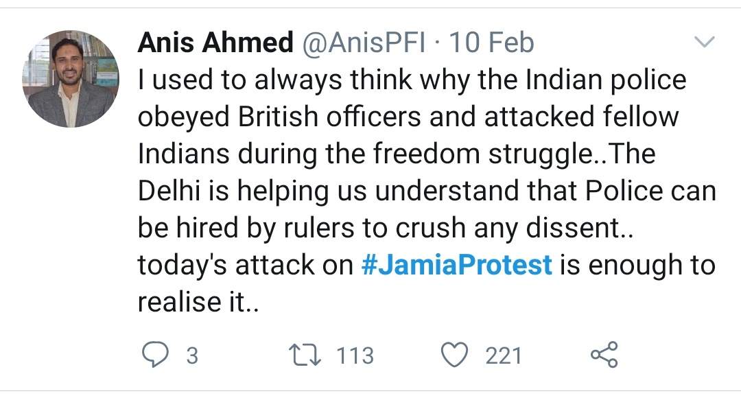  @AnisPFI master instigator - comparing jamua violent protests to India's struggle for independence