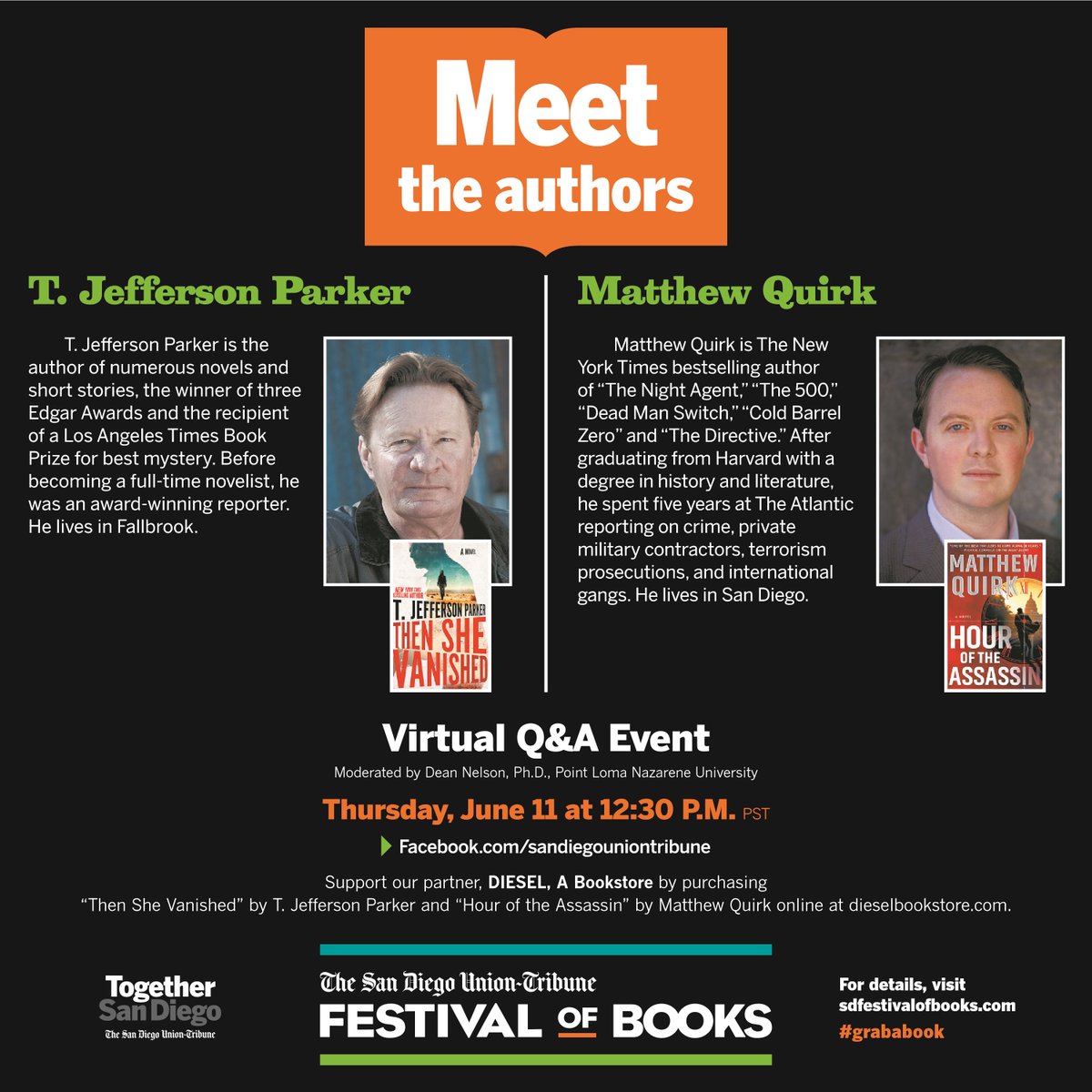 Tomorrow at 12:30 I'm interviewing novelists T. Jefferson Parker and Matthew Quirk on facebook live for the Union-Tribune's Festival of Books. Their books are thrillers -- they really are! hope you can watch!