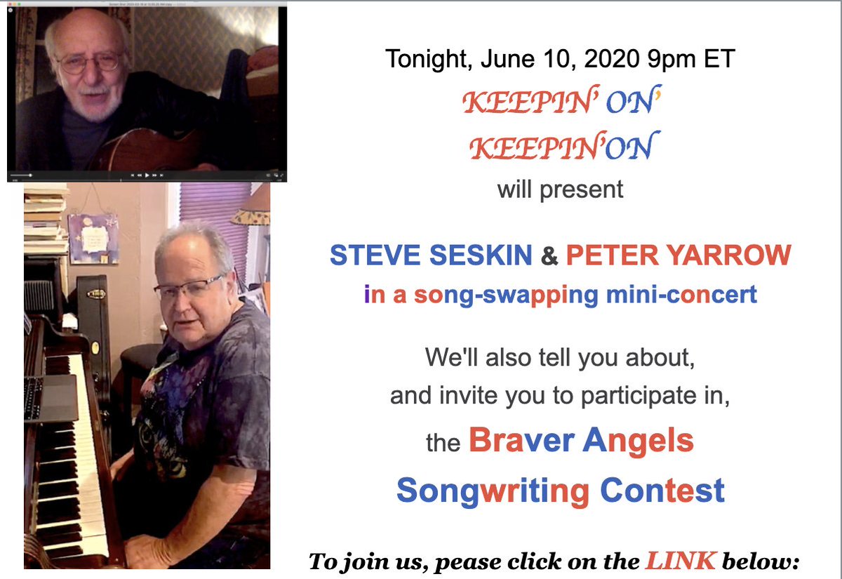 Join Peter Yarrow and Steve Seskin for a livestream tonight on Peter's Youtube channel! 9 PM Eastern / 8 PM Central

youtube.com/channel/UCtoOG…