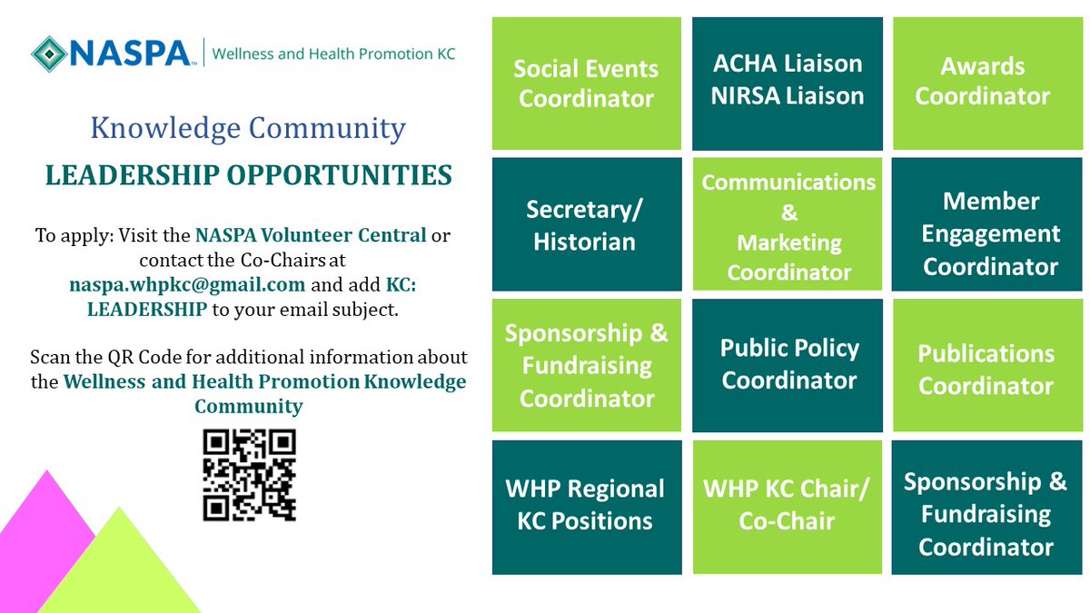 NASPA_WHPKC's tweet photo. The WHPKC has Leadership Opportunities! Visit the NASPA Volunteer Central or contact the Co-Chairs naspa.whpkc@gmail.com and add KC: LEADERSHIP to your email subject. https://t.co/U7CEcDB8jS