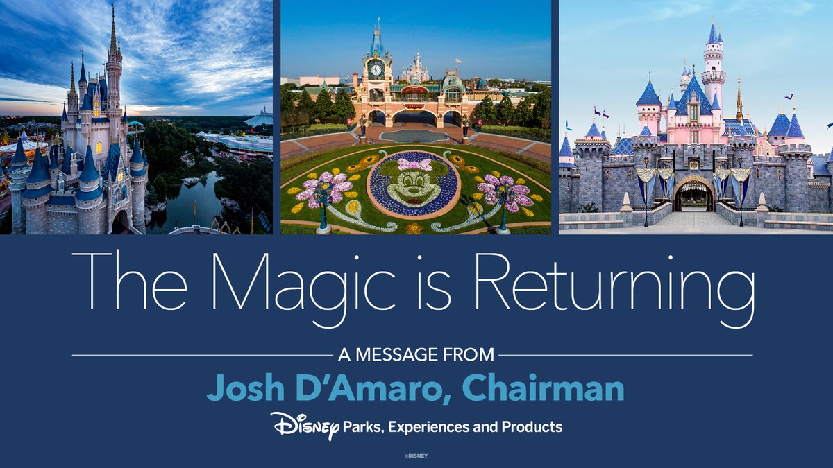 DisneyParks's tweet image. The magic is returning. Read a message from Josh D’Amaro regarding our Disney parks and experiences around the world. bit.ly/3cNLZyN