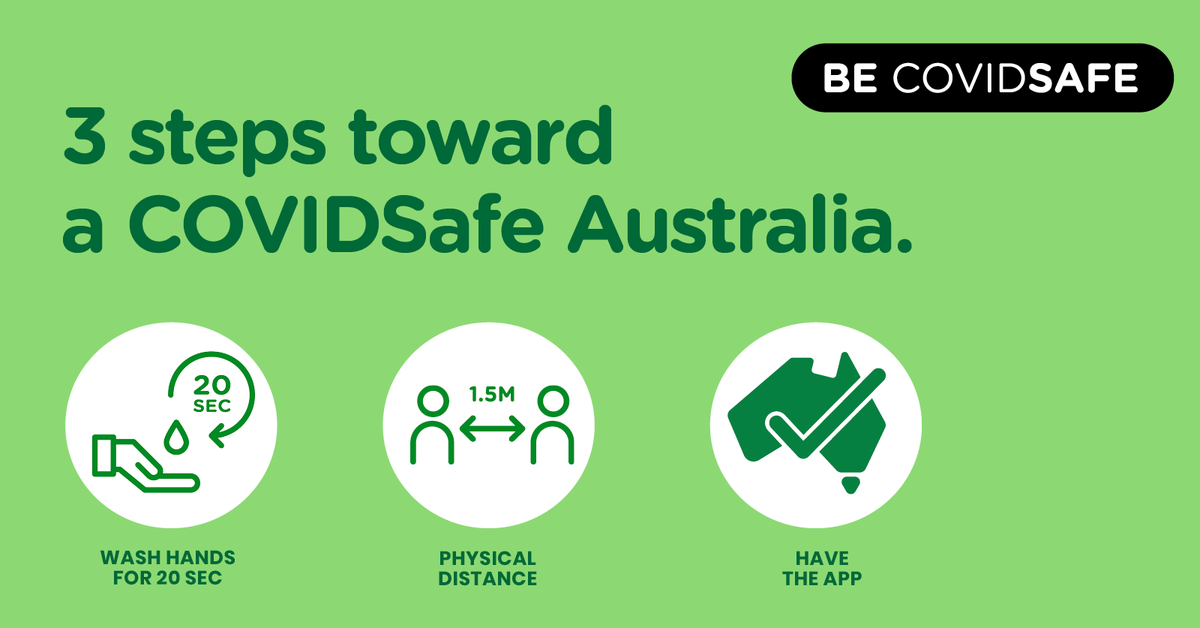healthgovau's tweet photo. The three-step pathway to living and working #COVIDSafe will guide the way forward. Physical distancing and good hygiene remain vital to keeping us all safe as restrictions begin to ease. If you’re unwell stay home and get tested. Keep up the good work. https://t.co/iTPPK7U3Mb https://t.co/F2kDAaSD7t