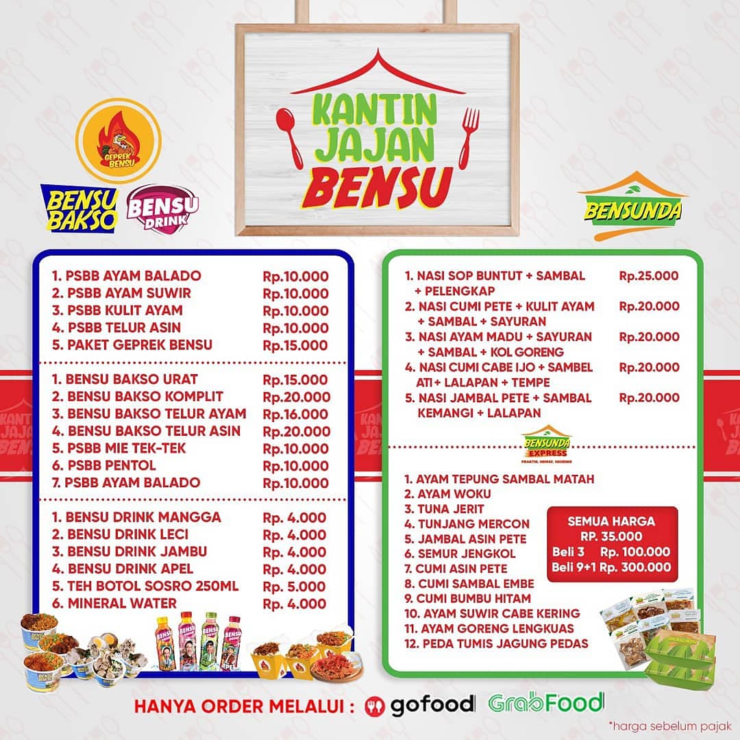 RealGeprekBensu's tweet photo. MULAI HARI INI KANTIN JAJAN BENSU SUDAH BUKA loh..
.
Kamu bisa menikmati Menu Bensu mulai dari Geprek Bensu, Bensu Bakso, Bensunda dan Bensu Drink dalam 1 Kantin. Hanya di @kantinjajanbensu
.
Slide untuk melihat Lokasi &amp; Menu yg dijual. Hanya bisa order di Grabfood &amp; Gofood ya😉 https://t.co/KAXVdJ6fIB
