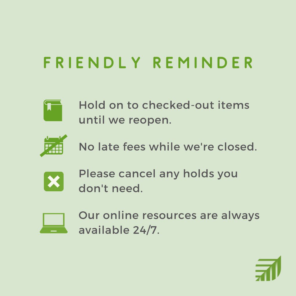 PaloAltoLibrary's tweet photo. We’re planning on reopening as soon as we safely can! Until then, here are a few reminders to help us out—especially canceling any requests you no longer need. #StayWell #PACLatHome https://t.co/vcLkevXns0