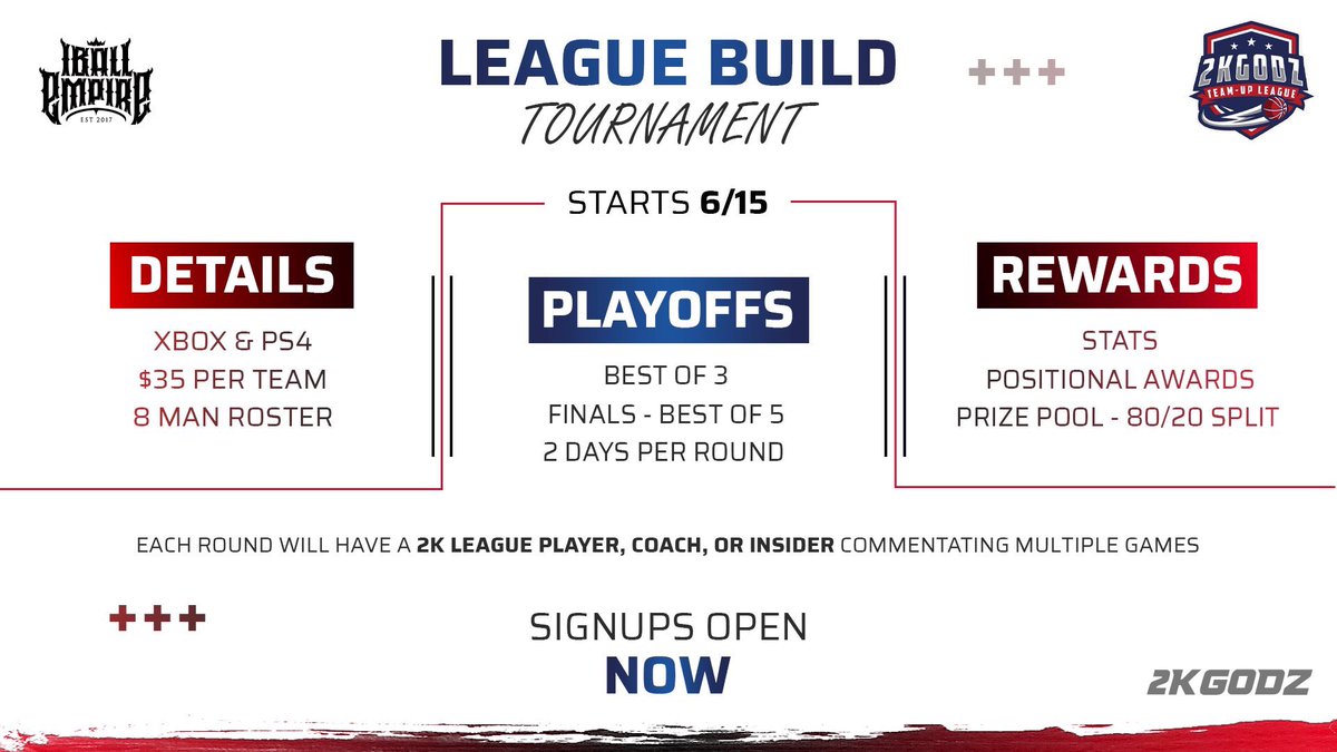 ToXsiK's tweet photo. League Build Tournament!

Brought to you by @2KGodzLeague &amp; @iBallEmpire

This is going to be something SPECIAL for the community.

To signup click the link and follow all instructions : https://t.co/0qsCu4w9ts https://t.co/b9mTkFZirP