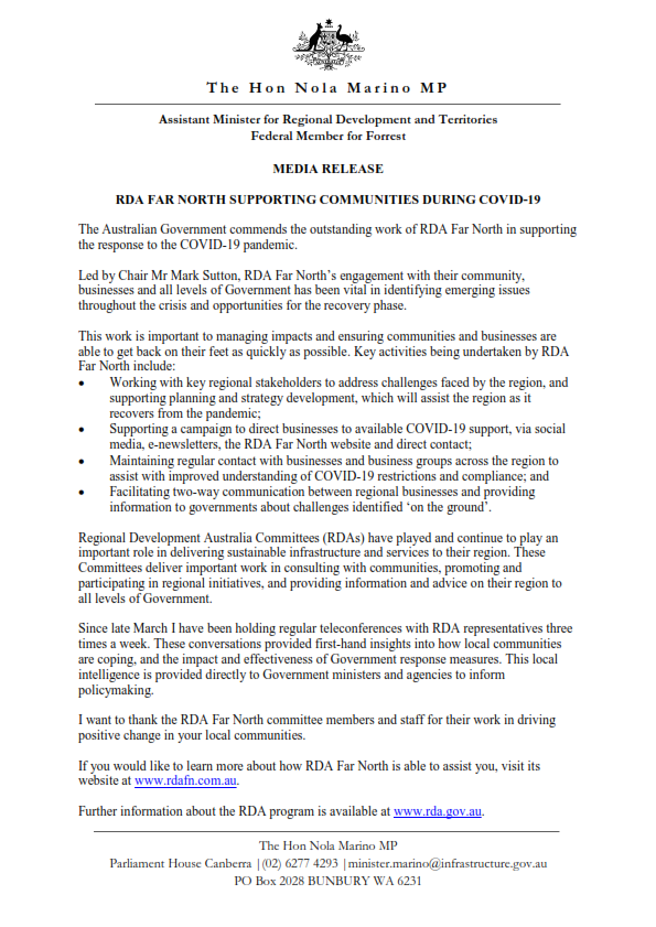 Media Release from The Hon Nola Marino MP, Assistant Minister for Regional Development and Territories. 
"RDA Far North Supporting Communities During COVID-19"