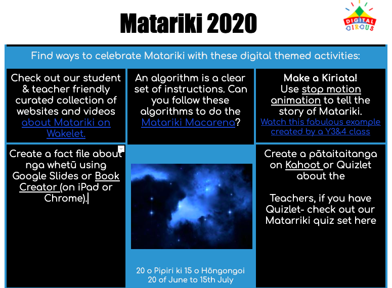 Matariki is on its way!

Find ways to integrate e-learning &amp; the digital technologies curriculum content into your Matariki celebrations.

Choice board here:
bit.ly/DC-Matariki-20…

Or make your own copy here:
bit.ly/DC-Matariki-co…

#edtech #DTHM #edchatNZ #Matariki2020