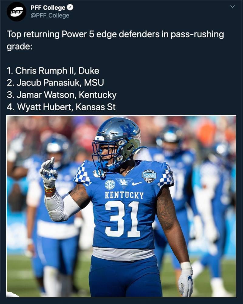 Speaking of Defense, Kentucky returns Jamar “Boogie” Watson — who has grown into one of the nation’s most dominant edge defendersExpect him to have a Josh Allen-type breakout year in 2020, where he’ll spend 90% of it in the opponent’s backfield