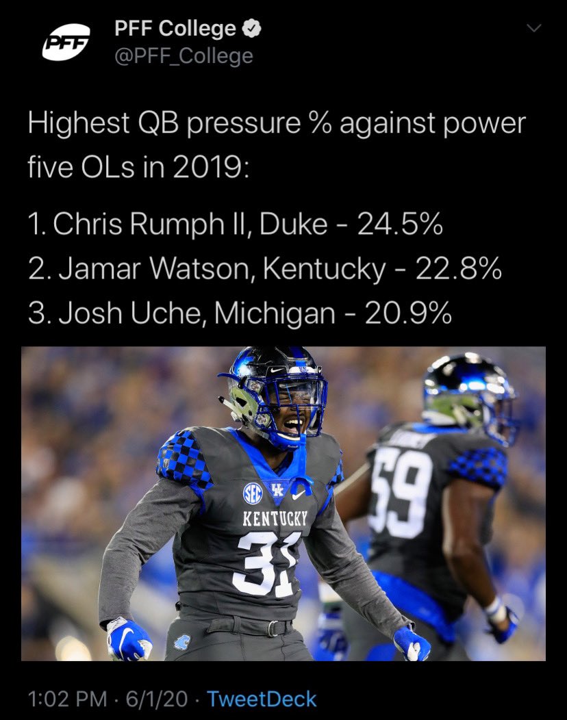 Speaking of Defense, Kentucky returns Jamar “Boogie” Watson — who has grown into one of the nation’s most dominant edge defendersExpect him to have a Josh Allen-type breakout year in 2020, where he’ll spend 90% of it in the opponent’s backfield