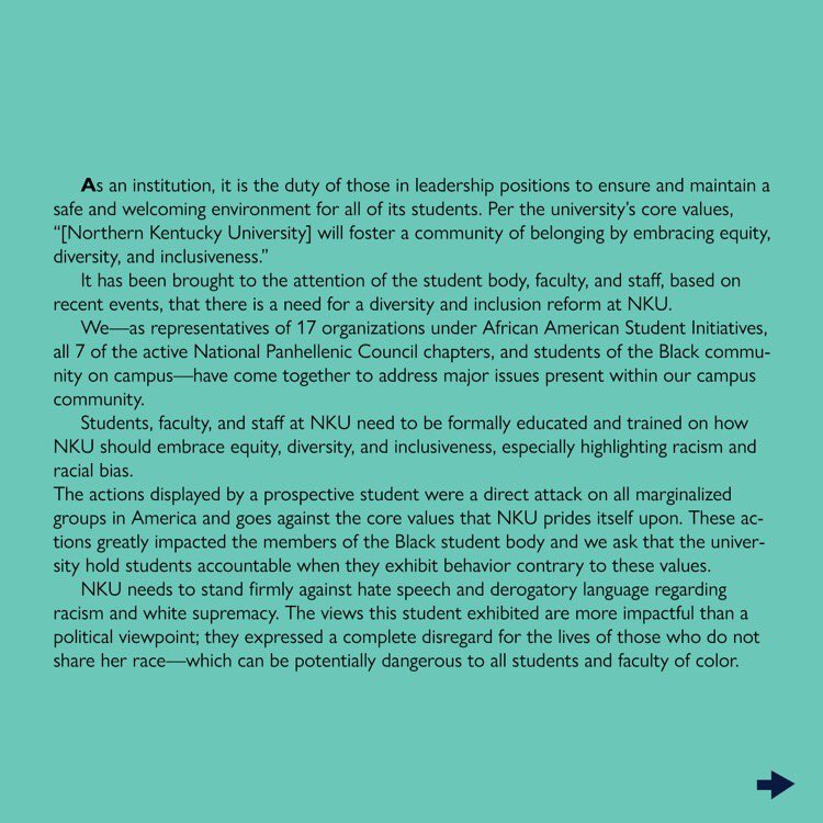 KT1098_'s tweet photo. A statement on behalf of the BLACK community of NKU. As leaders it’s our job to speak out against racial insensitivity and injustices happening on OUR campus. No more sweeping things under the rug, now is the time we need to come together ✊🏽💛 https://t.co/GRl1Q0EY9b