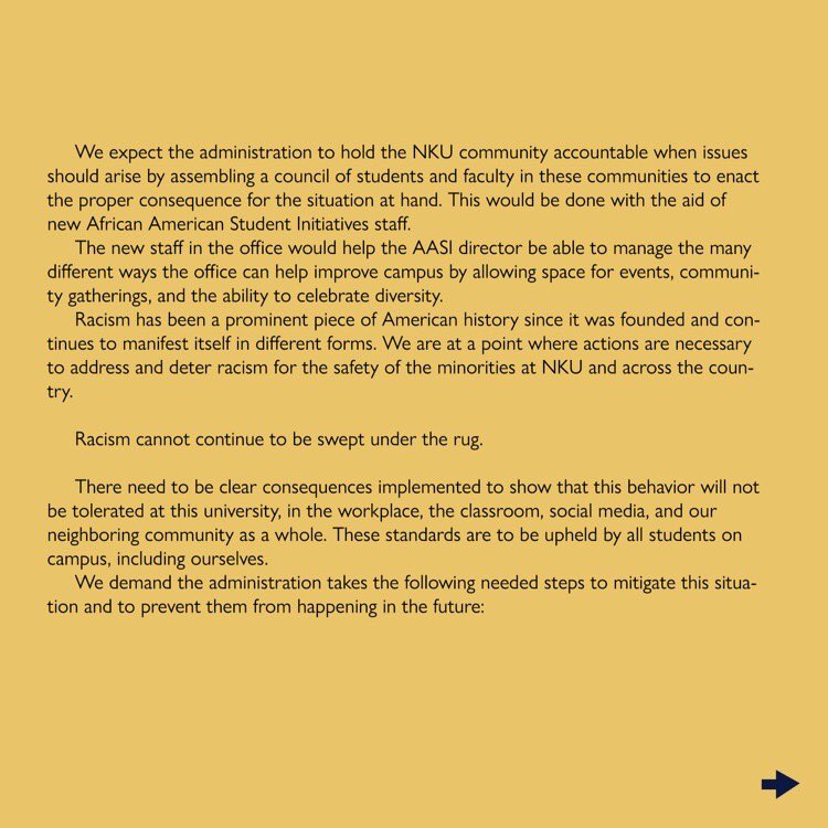 KT1098_'s tweet photo. A statement on behalf of the BLACK community of NKU. As leaders it’s our job to speak out against racial insensitivity and injustices happening on OUR campus. No more sweeping things under the rug, now is the time we need to come together ✊🏽💛 https://t.co/GRl1Q0EY9b