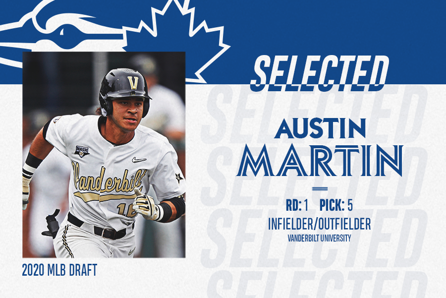 BlueJays's tweet photo. With the 5th pick in the 2020 #MLBDraft, we've selected INF/OF Austin Martin from @VandyBoys! 

Congrats, @Austin_Martin99! https://t.co/7IzZOUK75K