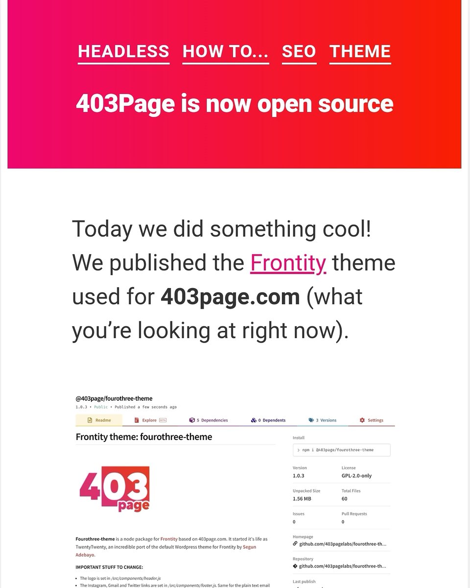 403pagedotcom's tweet image. The #frontity theme for 403page.com is now public. 

npm i @403page/fourothree-theme

Read more... 403page.com/403page-is-now…

#headlesswordpress #reactjs #reactjsdeveloper #nodejs #nodejsdeveloper