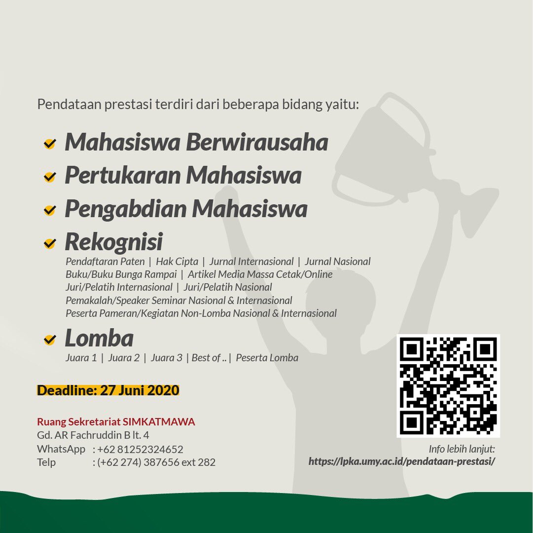 Hai #SobatMudaMendunia
Yuk ikuti pendataan prestasi mahasiswa melalui link lpka.umy.ac.id/pendataan-pres…

#UMY #InfoUMY #MahasiswaUMY #Muhammadiyah #UMYMengabdi #AmbilBagian #BanggaDenganUMY