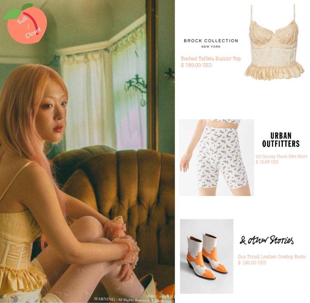 sulli_closet's tweet photo. 🍑 20190627 (MUSIC)
#SULLI is wearing
#brockcollection Ruched Taffeta Bustier Top $ 780.00 USD
#urbanoutfitters UO Christy Floral Bike Short
$ 19.99 USD
#andotherstories Duo Toned Leather Cowboy Boots
$ 120.00 USD
#sulli_closet #choijinri https://t.co/PU52iMKRbJ