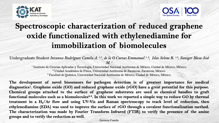 IonsOpuma2020's tweet photo. Poster Nights @IonsOpuma2020

Name: Camila A. Inzunza R. @camileinzunza
Title: Spectroscopic characterization of rGO functionalized with ethylenediamine to immobilize biomolecules

#Undergrad Student - @ICATUNAM

Category: #Biophotonics

#AcademicTwitter #OSA
#UnstoppableIONS https://t.co/Einy903DTs