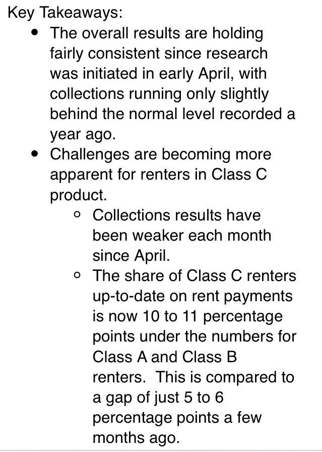 2) The  @ApartmentWire tracker doesn’t break out data by property class. Other data sources that do show a clear trend of renters in Class C properties increasingly unable to pay rent. From  @RealPage: