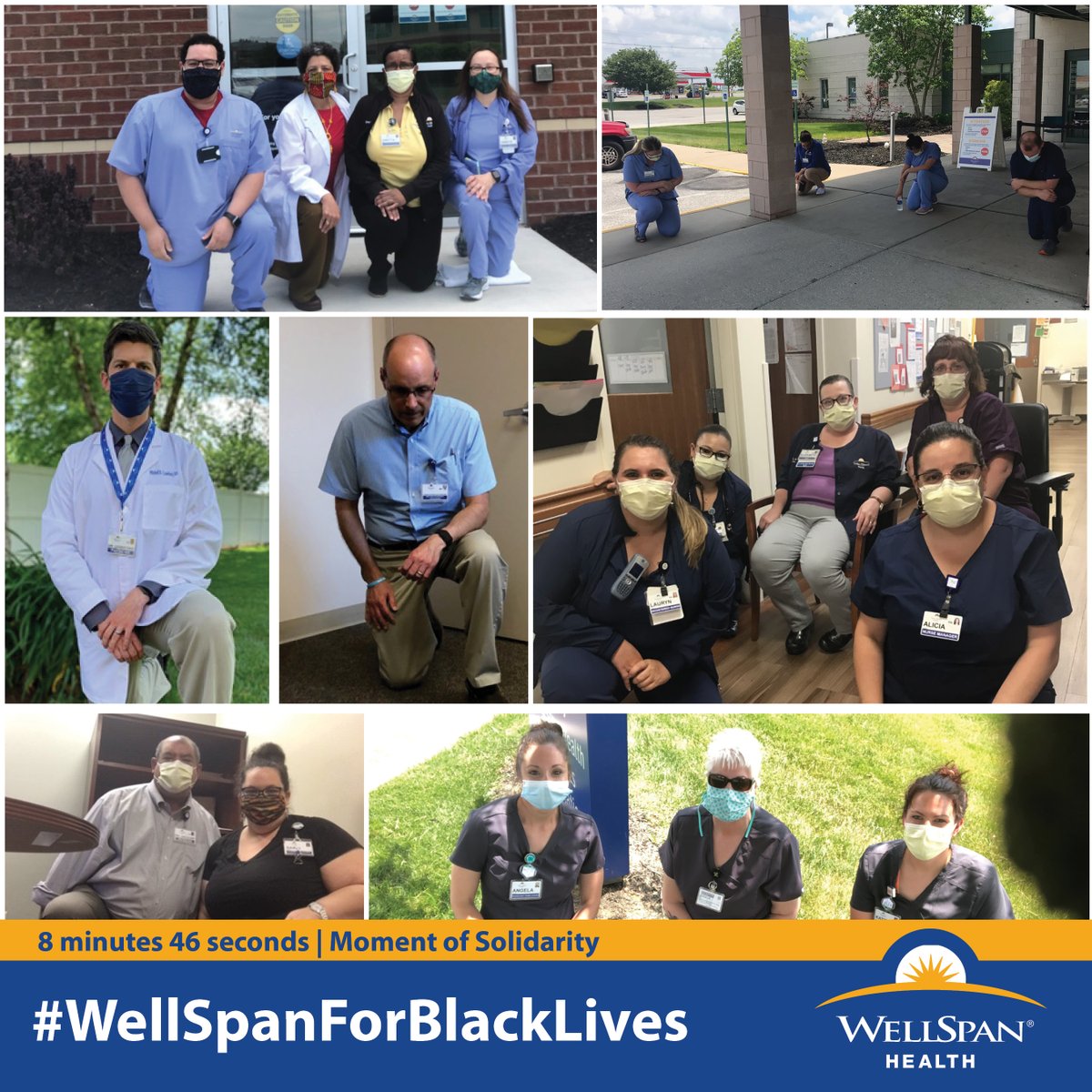 WellSpanHealth's tweet photo. Our teams across WellSpan today united, to show solidarity for the eradication of racism, bigotry and systemic inequities that persist in our society today, by kneeling for 8 minutes and 46 seconds in honor of George Floyd.  #WellSpanforBlackLives https://t.co/CPLfbwH5gW