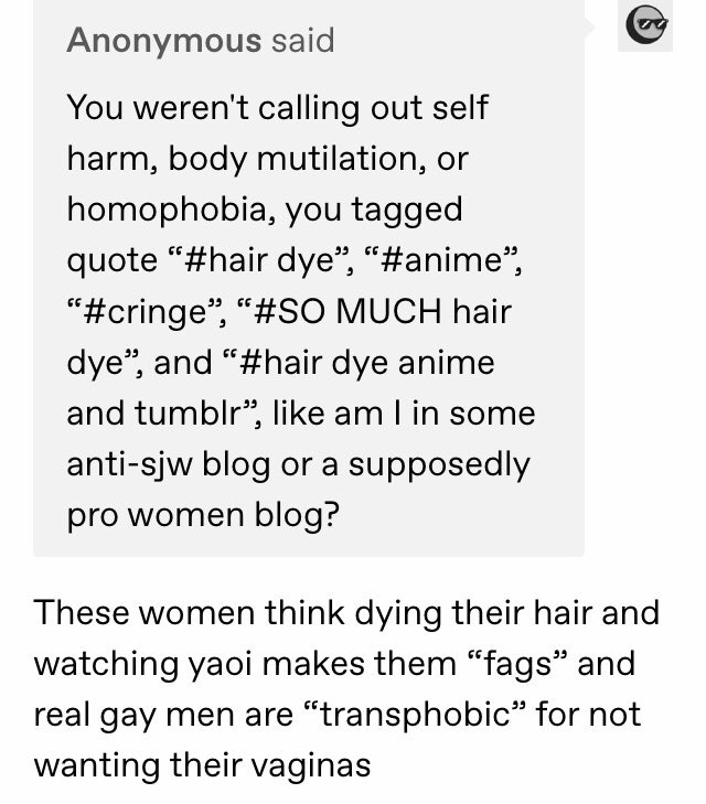 5. 'Interrogate your kinks' is radfem rhetoric. 'Queer is a slur' is radfem rhetoric. Hating 'fujoshi' is radfem dogwhistling. That means TE/RFs. You are literally talking like a TE/RF. This isn't hypothetical it has been proven. (cw transphobia, homophobia)
