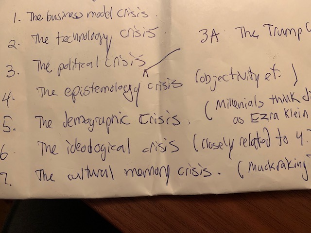 Thread: "A Media Ecologist Explains the Many Crises in Journalism." Notes and slides from my lecture to the Media Ecology Association, June 18, 2020.  https://www.media-ecology.org/convention  Throwaway image: what my scribbled scheme looked like eight days out.  1/