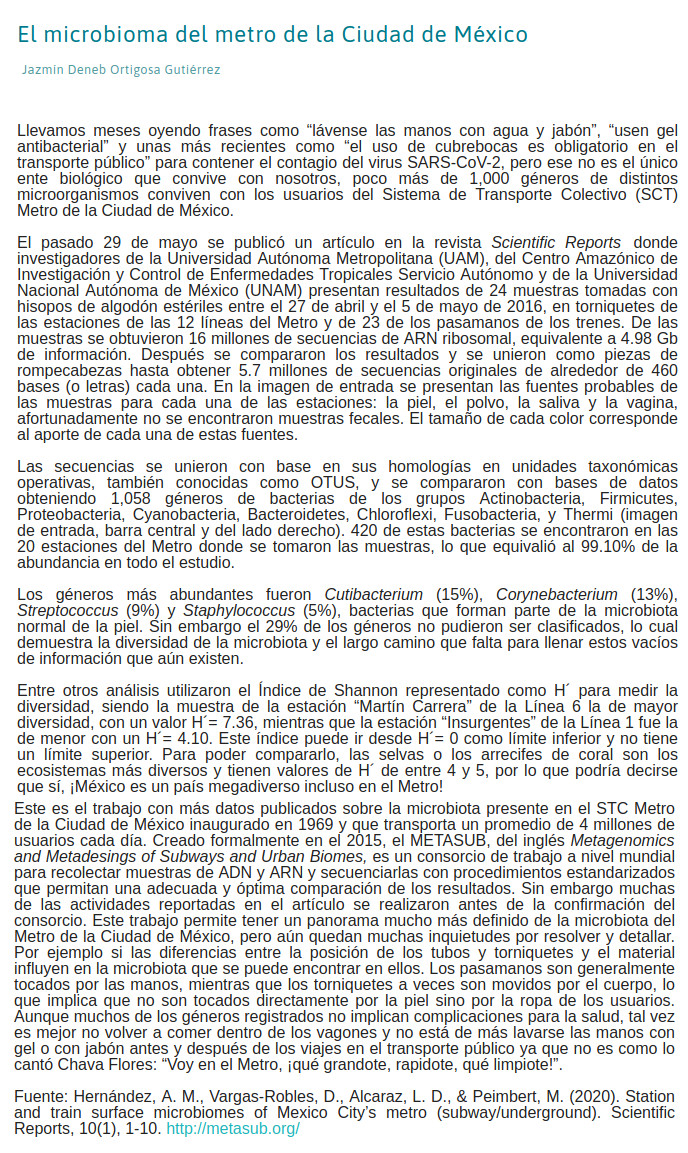 Cienciorama's tweet photo. #NoticiasCienciorama 860

El microbioma del metro de la Ciudad de México. Noticia de Jazmín Deneb Ortigosa Gutiérrez.

#microbiología #bacterias #virus #Metro #CdMx #SarsCoV2_Mx #UNAM #UAM #METASUB

Para leer en Fb https://t.co/gULU0aoKt2 o en el sitio https://t.co/pP1oyaPgvB https://t.co/cS4WcX4bRn