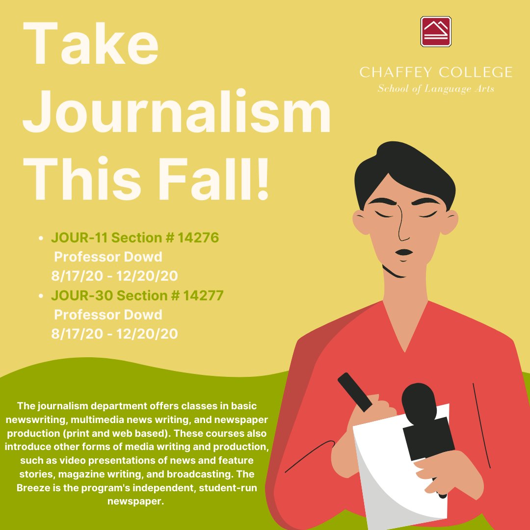 CCLanguageArts's tweet image. Take Journalism This Fall!
Visit chaffey.edu/language_arts/… or thebreezepaper.com for more info. #chaffeynow #chaffeycollege #fall2020 #distancelearning
