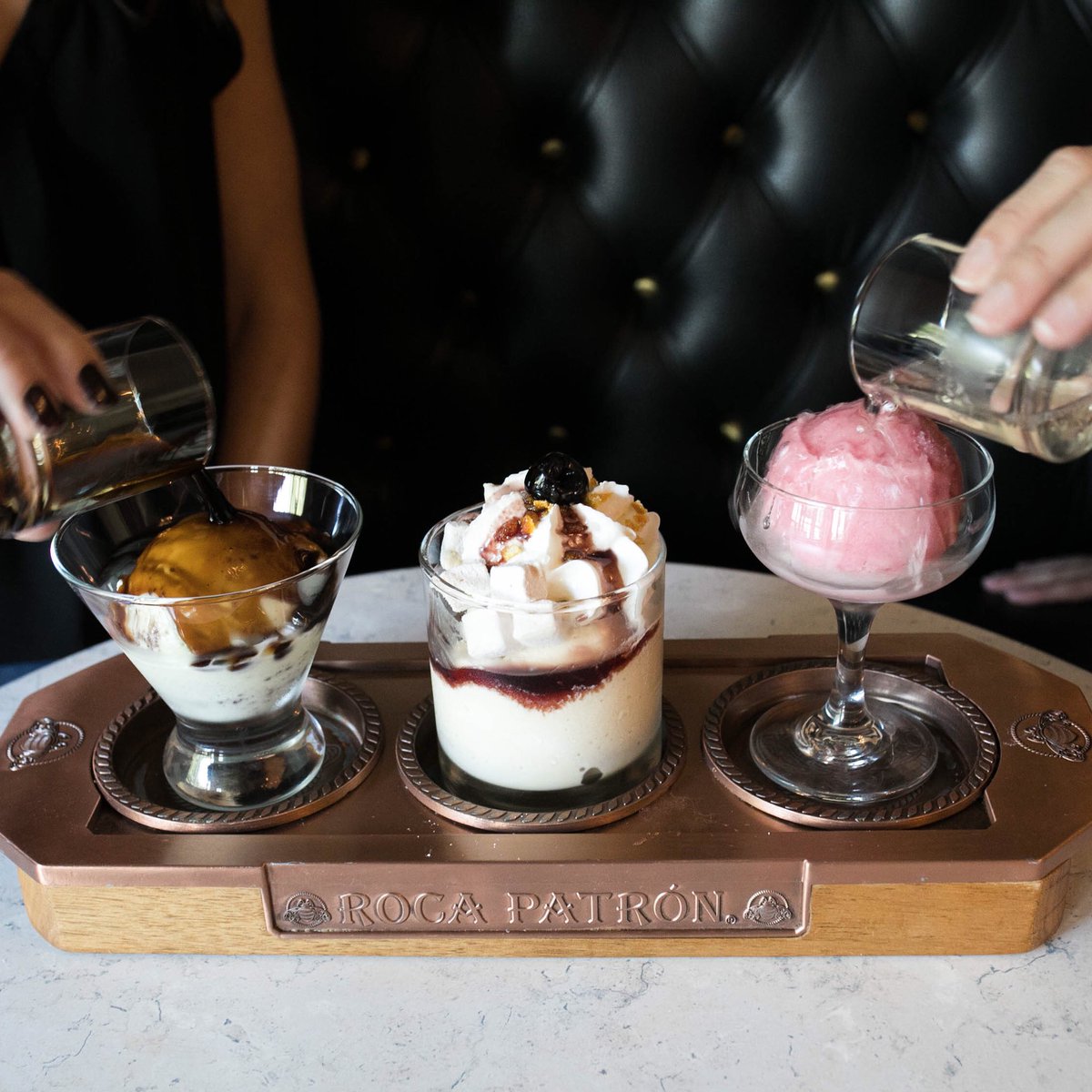 Our Speakeasy Flight is a boozy ice cream lover’s dream! A trio of seasonal boozy ice creams with paired toppings AND liqueur pour-overs! It’s our most extravagant experience! #boozyicecream #decadentdesserts #atx #saverestaurants