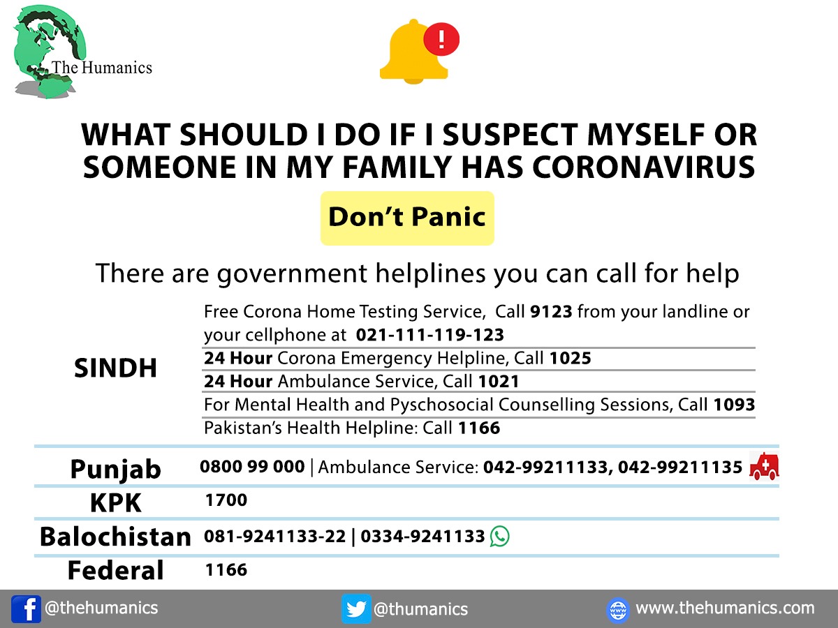 THumanics's tweet photo. Q. What should I do if I suspect myself or someone in my family has Coronavirus? 

Don't panic, here are Government's helpline numbers, you can call for help. 

#CoronaVirusPakistan #coronavirus #CoronaHasTaughtMe #Pakistan #Helpline 

Visit. https://t.co/jDXkEFwgtM https://t.co/7D3QZFi44v