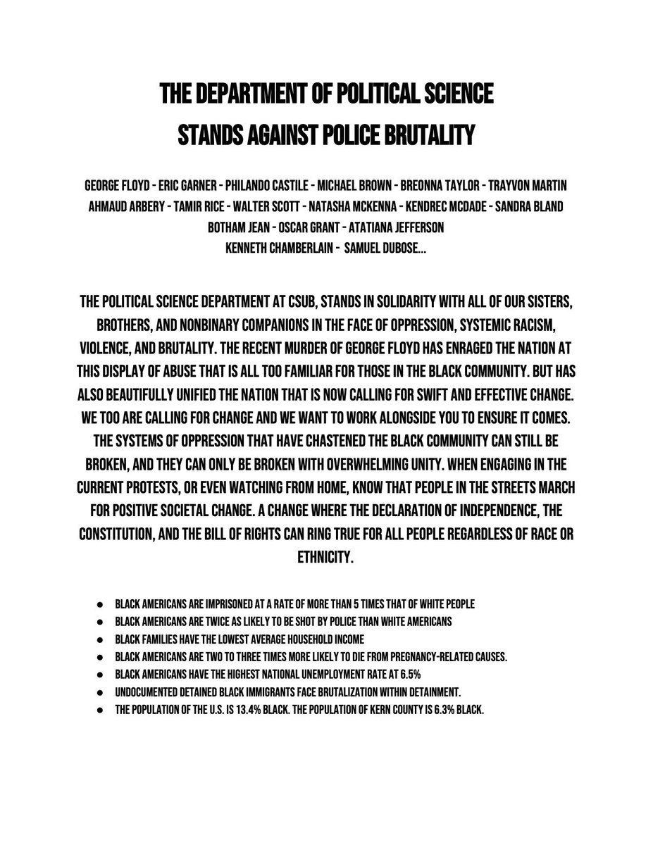 CSUBPreLaw's tweet photo. The Pre-Law Society echoes the statement made by the Political Science Department. https://t.co/mZOpgqJj4y