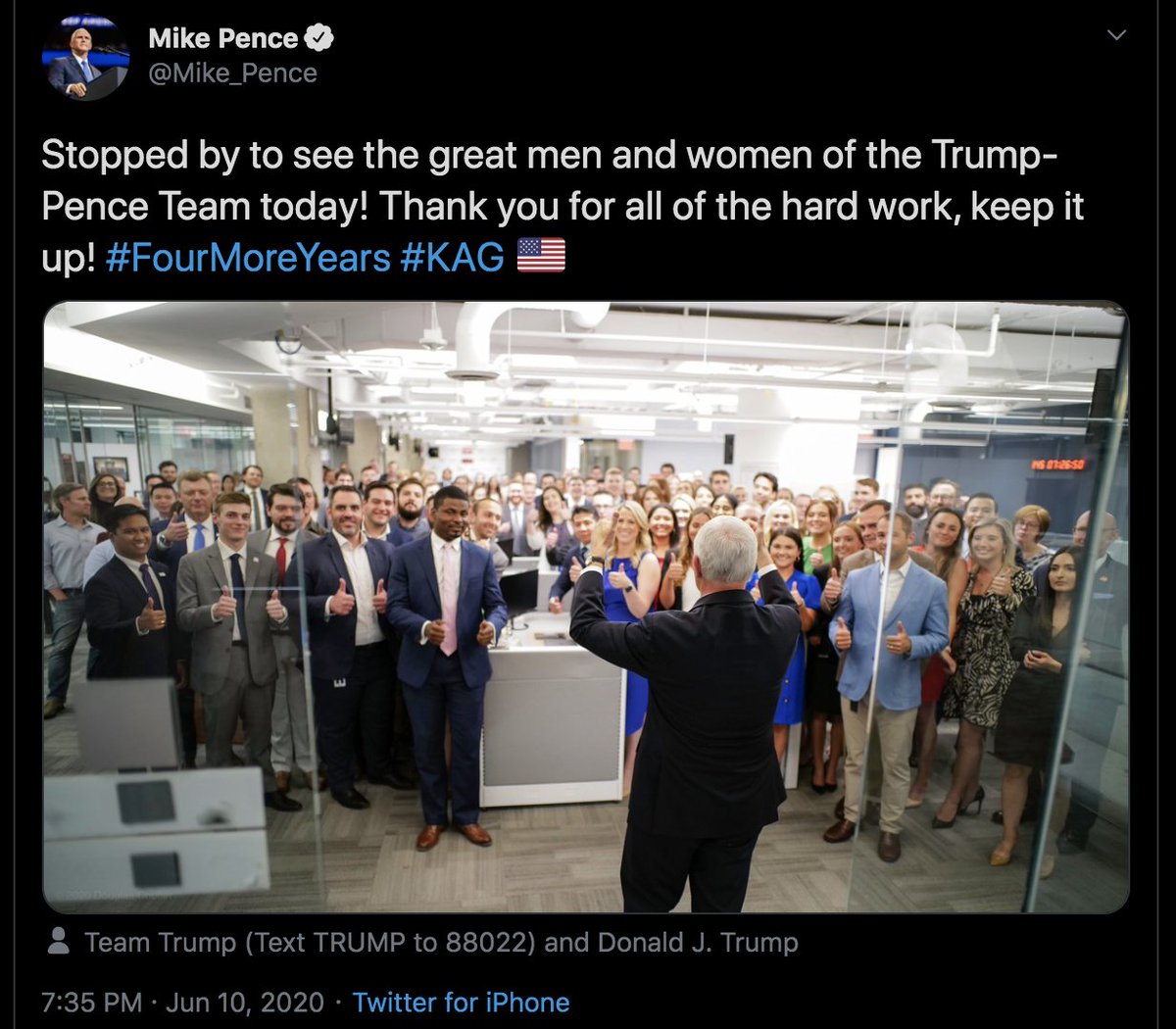 DJJudd's tweet photo. It now appears that Vice President Mike Pence, who chairs the White House Coronavirus Task force, has deleted this tweet, which features him greeting campaign staff while not observing social distancing guidelines or CDC guidelines to stem the transmission of Coronavirus. https://t.co/2H2EqFlfuV