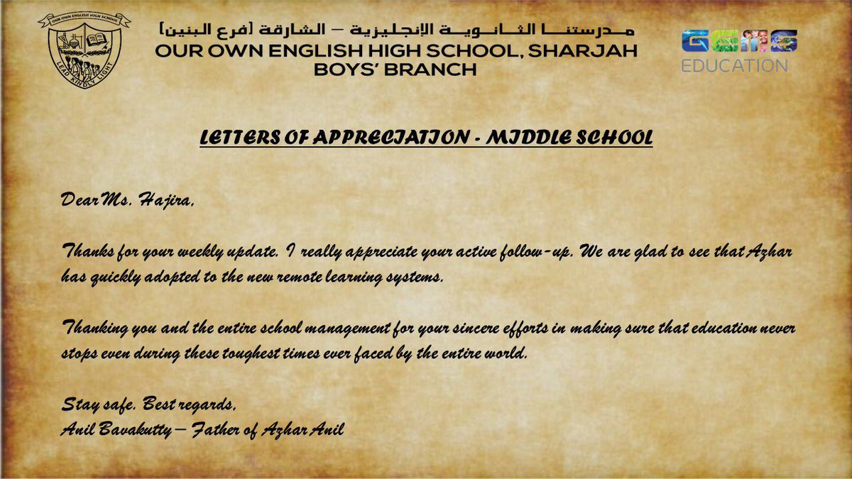 OOB_GEMS's tweet photo. We love to hear from you #parents! #LettersOfAppreciation
#Care
#Excellence
@shjspea
@GEMS_ME
@GEMSEducation https://t.co/zX34HqDAAf