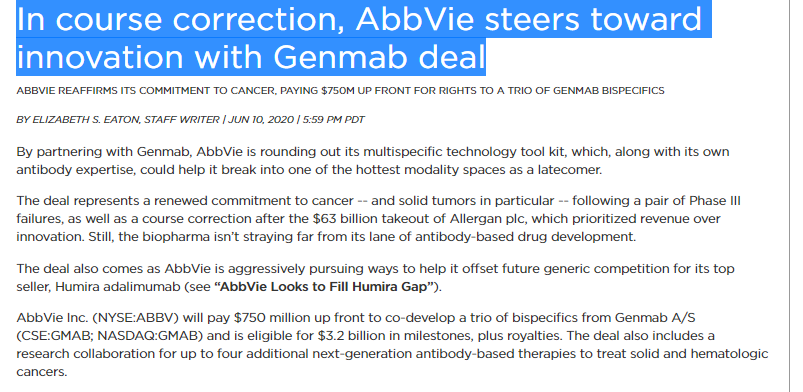 As $ABBV continues to aggressively pursue ways to offset future generic competition for its top seller, Humira, the company's latest deal marks something of a course correction toward innovation after its $AGN takeout. via <a href="/LaboratoryLiz/">Elizabeth S. Eaton</a> in <a href="/BioCentury/">BioCentury</a> biocentury.com/article/305424