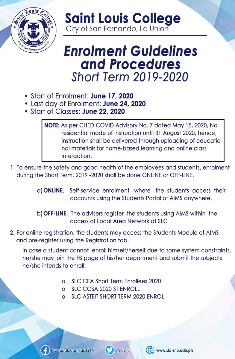 slcsflu's tweet photo. READ: Enrollment Guidelines and Procedures (Short Term 2019-2020) https://t.co/FTqyUeuBl8