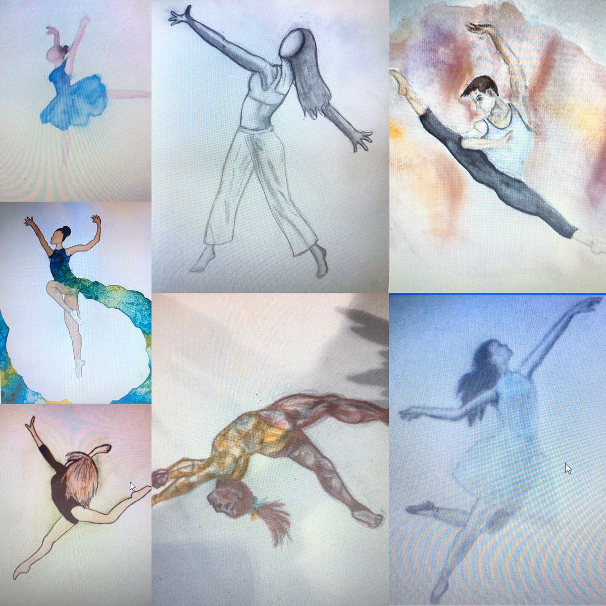 timberlane_art's tweet photo. Elearning figure drawing by advanced 8th graders. We practiced figure proportions and live student posing (google meet) then they chose a figure and medium for final piece. Beautiful individual styles coming through. @Timberlane_HV @HVArtsEd #elearningart #hvrsd #figuredrawing https://t.co/5WRZEV5jVO