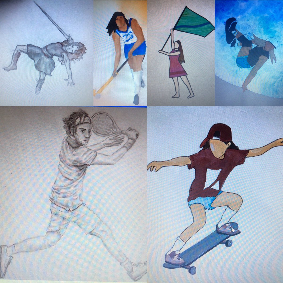 Elearning figure drawing by advanced 8th graders. We practiced figure proportions and live student posing (google meet) then they chose a figure and medium for final piece. Beautiful individual styles coming through. <a href="/Timberlane_HV/">TMS-Hopewell Valley</a> <a href="/HVArtsEd/">Hopewell Valley Visual & Performing Arts</a> #elearningart #hvrsd #figuredrawing