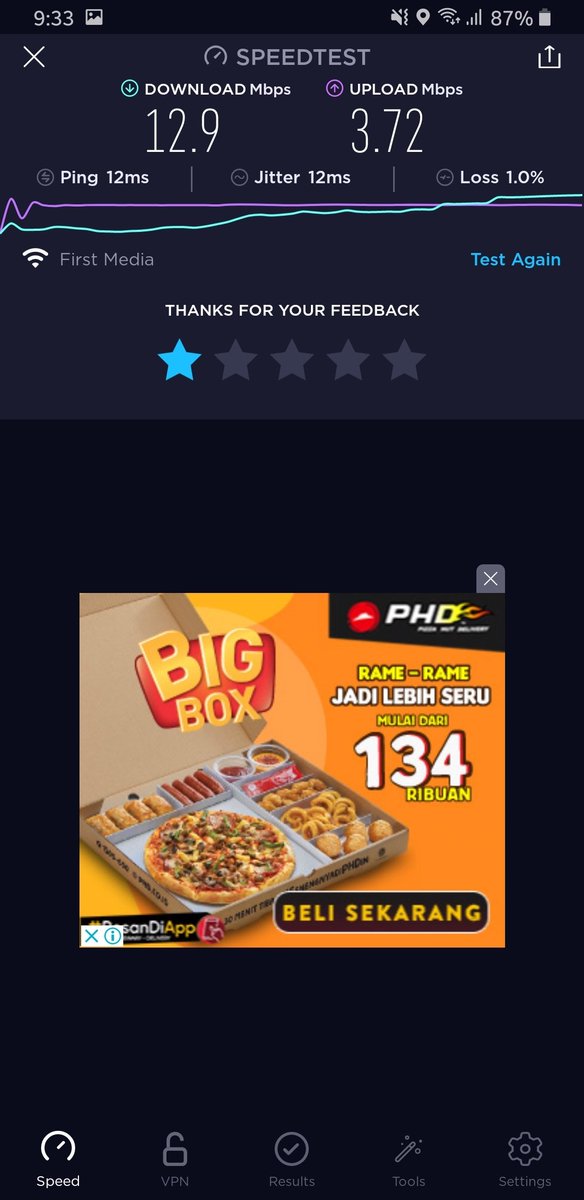 arnoldsanger's tweet photo. ID: 10484871 First Media penipuan nggak sih? Bayar Paket 25Mbps, real speed cuma segini. 1 minggu down. Apakah ini penipuan? @FirstMediaCares #firstmediahebat https://t.co/FwO2ae4VCC