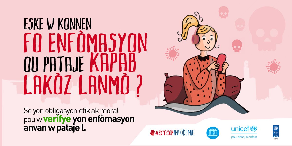 HaitiCampagne's tweet photo. Eske w konnen yon fo enfòmasyon w pataje kapab lakòz gwo dega tankou lanmò ?
Se yon obligasyon etik ak moral pou w verifye yon enfòmasyon anvan w pataje l.
#EnfòmeWByen #STOPinfodémie https://t.co/TEXxIn5fNg
