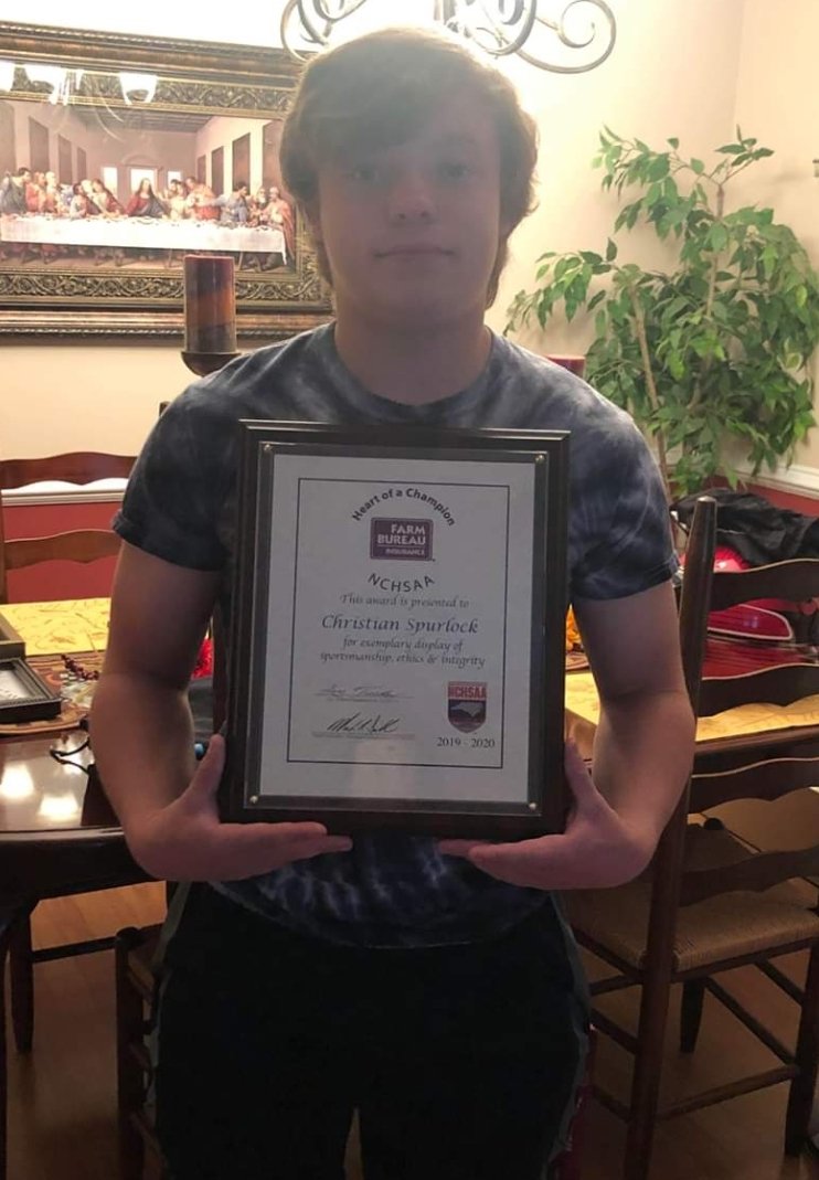 Spurlock received his Heart of a Champion award today from the NCHSAA!! Christian, thank you for your dedication to the game &amp; to sportsmanship!! The impact you have had on others is immeasurable!! #weareLedfordProudofyou #Ledfordfamily #OnceaPantherAlwaysaPanther 🐾🖤🐾