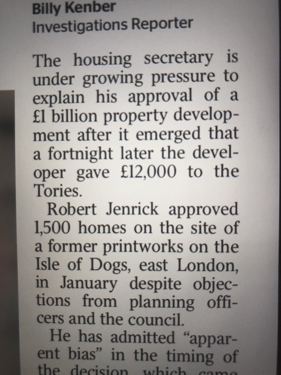 Developer Richard Desmond gave Tories £12k reports ⁦@thetimes⁩ after Robert Jenrick gave approval to his application for 1500 homes. Is this what the housing secretary means by “rethinking planning from first principles”? #planningsystem