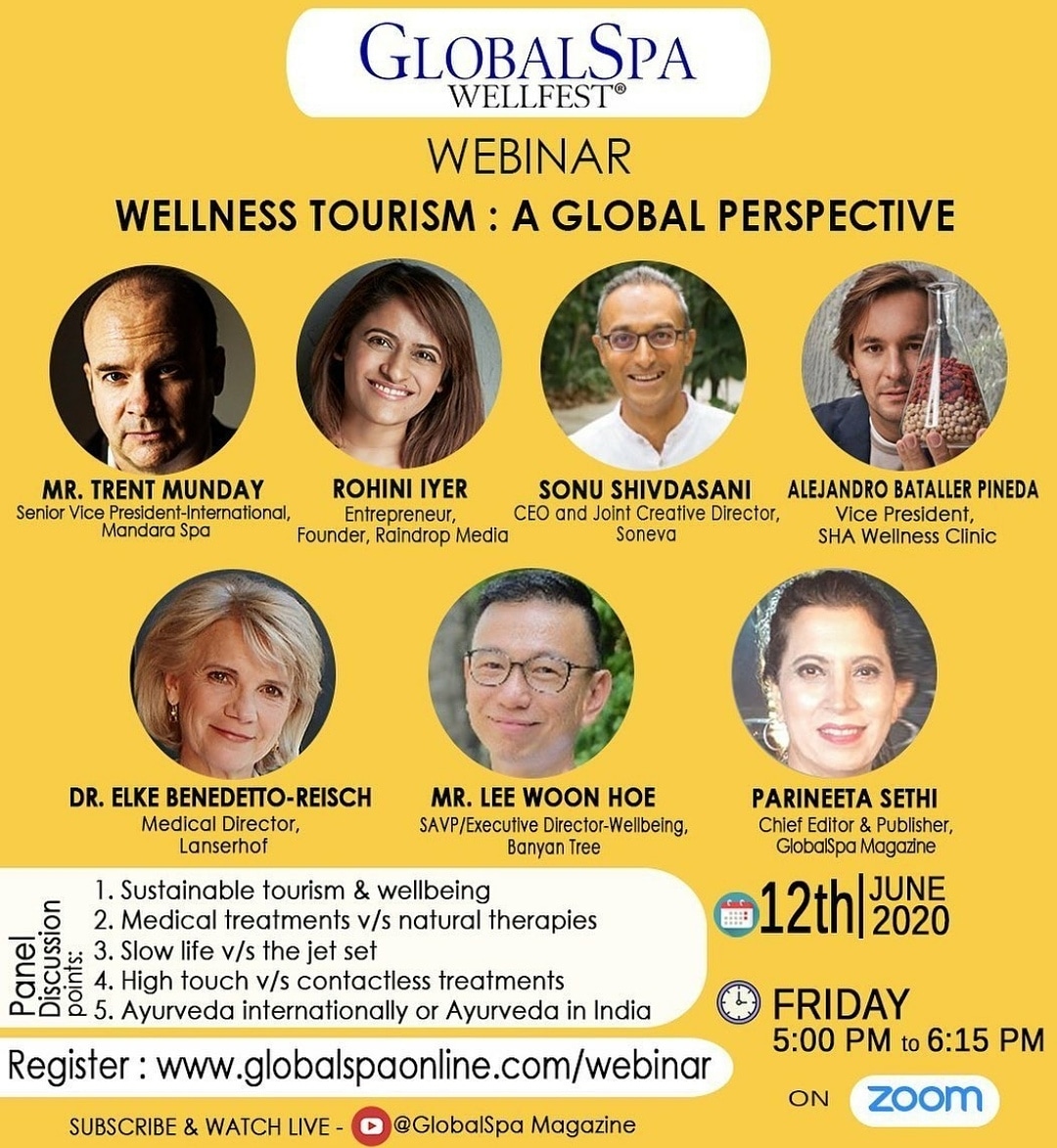 Don't forget to catch our founder and director <a href="/rohiniyer/">rohini iyer</a> on a special webinar on Wellness Tourism with <a href="/parineetasethi/">Parineeta Sethi</a> , <a href="/trentmunday/">Trent Munday</a> , <a href="/BanyanTreeShop/">BanyanTreeEssentials</a> , <a href="/SonuShivdasani/">Sonu Shivdasani</a>, <a href="/lanserhof/">Lanserhof</a> , <a href="/bataller/">Alejandro Bataller</a> 
Looking forward for the session!