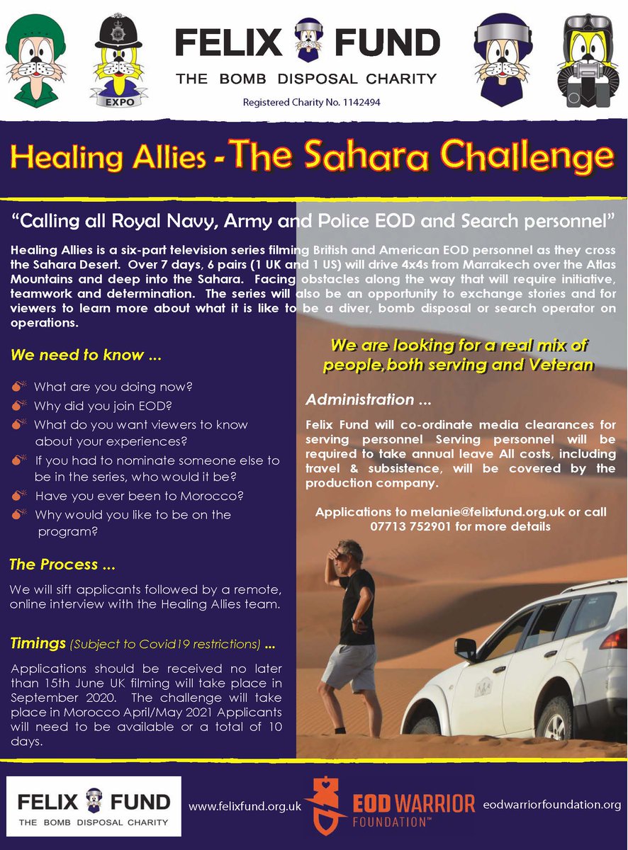 Don’t miss out the deadline is nearly here. Healing Allies - The Sahara Challenge. Have you applied yet? You've got until 15 June. More details below. Interested or have questions please contact melanie@felixfund.org.uk or call 07713 752901 #supportingfelix #bombdisposal 💣😺💣🐸