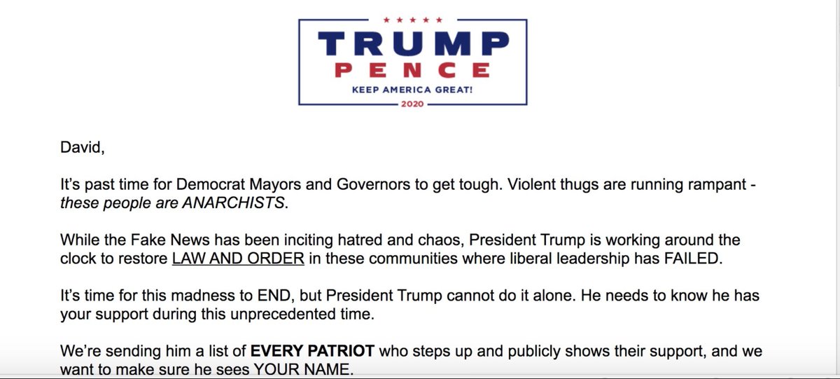 18. Check out this official Trump campaign email. Look at the language in it. This is what I'm talking about in my article at the top of this thread. Look at the programming, the capitalised words, the call to arms, and the reinforced radical dualism?  #TrumpDictatorship