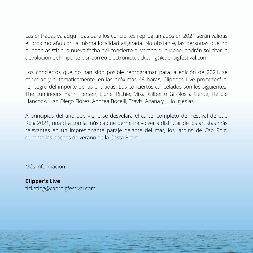 CapRoigFestival's tweet photo. 🔴 Por la situación actual de la crisis sanitaria provocada por la COVID-19, el Festival de Cap Roig pospone su Edición 2020 y presenta los primeros conciertos de 2021. https://t.co/zJ65bfLYll